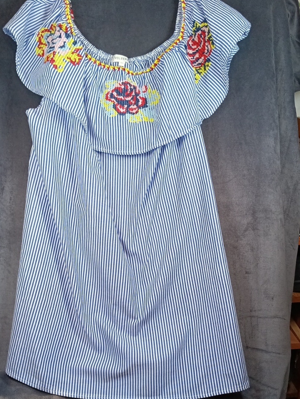 Velzera Blue & White Striped Off-Shoulder Midi Dress with Floral Embroidery